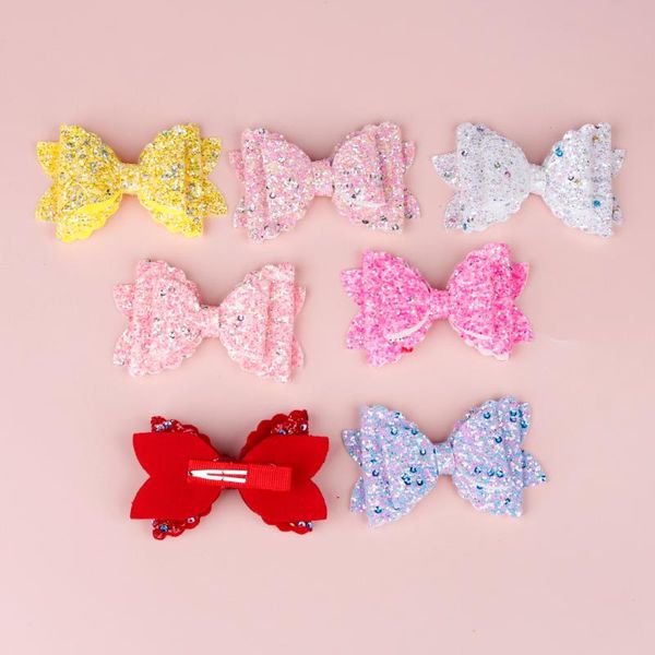 

30 шт. / лот, 9*5.5 см блеск блесток лук с зажимом детские блестками лук держатель с 7 цветов волос модные аксессуары, Slivery;white