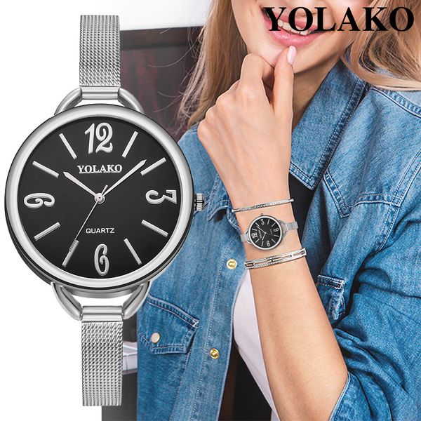 

2019 yolako watch women ladies luxury stainless steel mesh with simple mirror wristwatch quartz fine strap reloj mujer watches, Slivery;brown