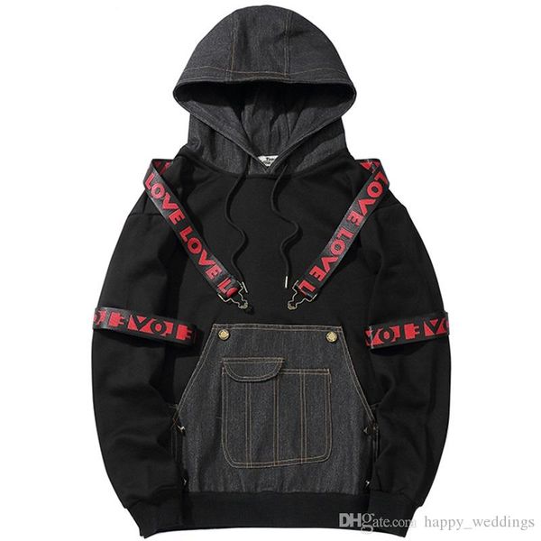 

2019 harajuku streetwear men hoodies sweatshirt buckle ribbons black hip hop hoodie pullover denim front pockets hipster cotton