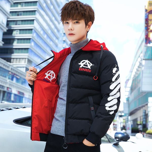 

cotton coat men's new style double-sided wear korean-style trend winter cotton-padded jacket drawstring hooded warm teenager cot, Black
