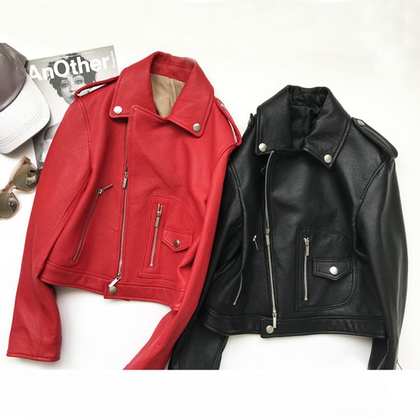 

eifurkop итальянская короткая тонкая красная кожаная куртка из козьей кожи со сложенными плечами натуральная кожаная куртка из овчины, Black