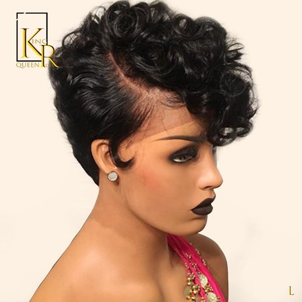 

13x4 short curly lace front human hair wigs pixie cut wig 130% pre plucked bob wig remy brazilian low ratio king rosa queen, Black;brown