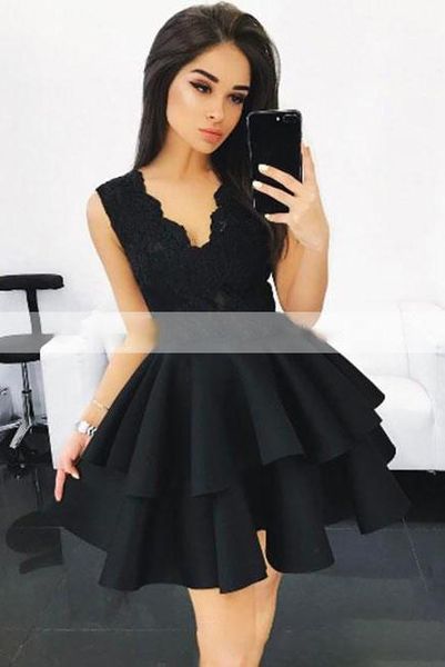 

little black короткий клуб коктейль платье v-образным вырезом с коротким рукавом линия кружева атласная дешевые пром homecoming партии манти