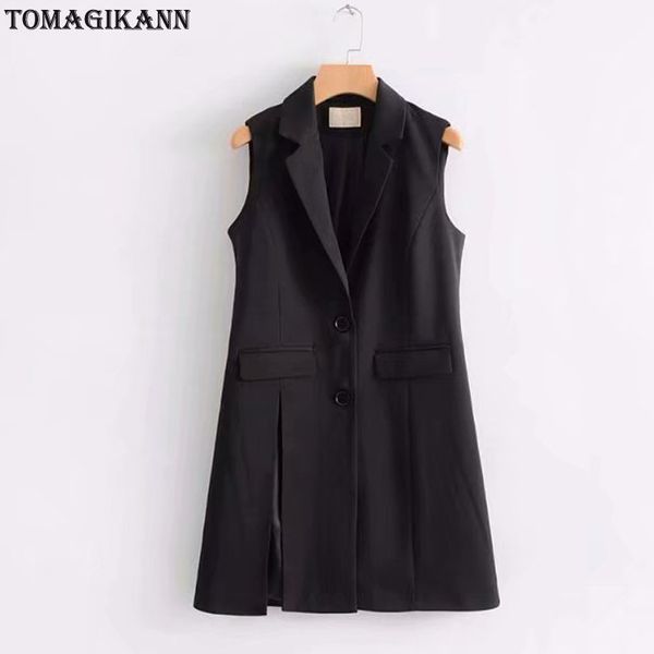 

brief black split women vest coat 2019 korean solid turn down collar single breasted flap pockets waistcoat femme colete, Black;white