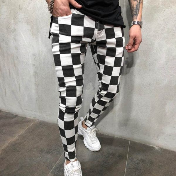 

spring british style costumes hair stylist black white plaid pants men casual slim grid pants men feet trouser