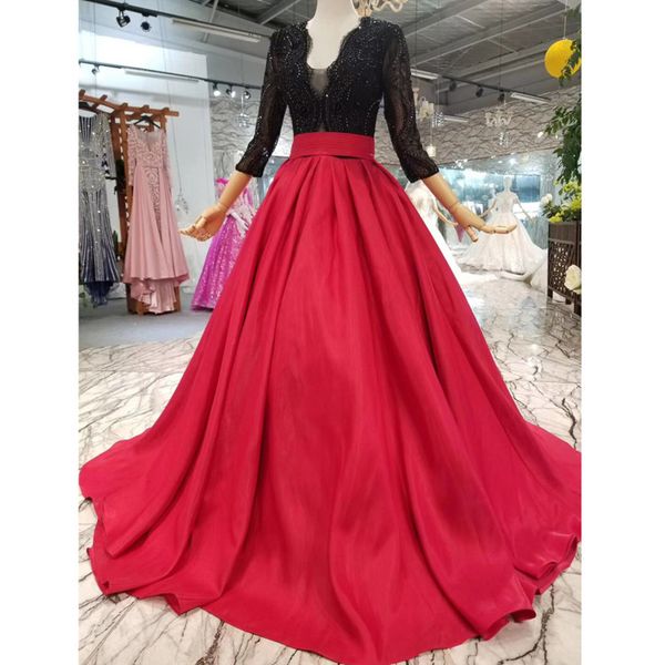 

bgw 31126ht red black simple mothers of brides wedding party dress deep v-neck a-line satin evening dress with brush train, White;black