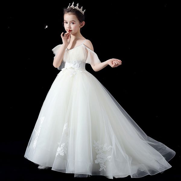

vintage lace appliqued pageant dresses with long sleeves ball gown flower girl dress off shoulder sweep train kid first communion gowns, White;red