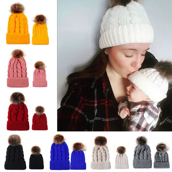 

parent-child knitted hats 2 pcs 9 colors winter warm fur pom hats baby mom solid pom pom beanie ski cap knitted caps jy683, Yellow