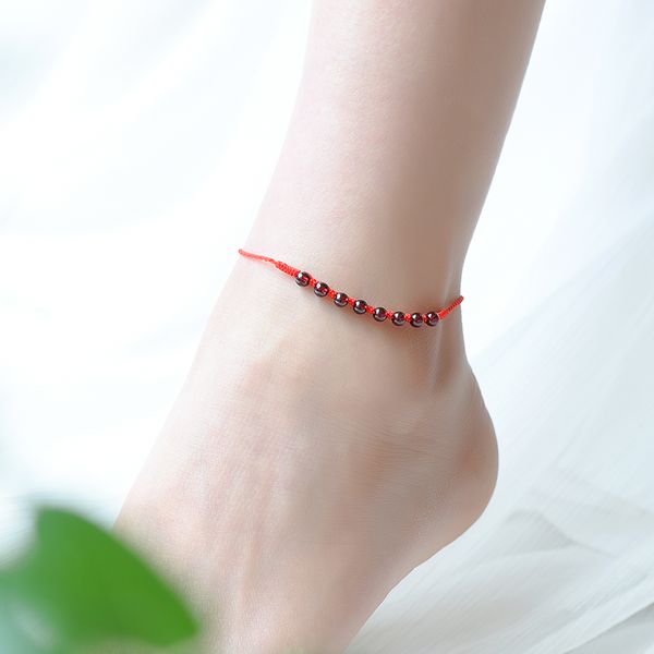 

opening of natural burgundy garnet jiao sheng womens natal lucky hand-woven red rope anklet simple gift, Red;blue