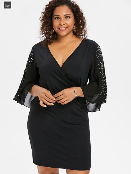 

plus dress size embellished flare slit sleeve sheath rhinestone v neck black dress large sizes vestido designer clothes, Black;gray