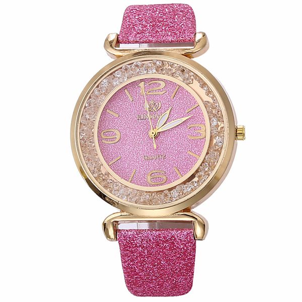

women watch buckle clasp round dial adjustable leather strap wrist quartz crystal rhinestone luxury analog, Slivery;brown