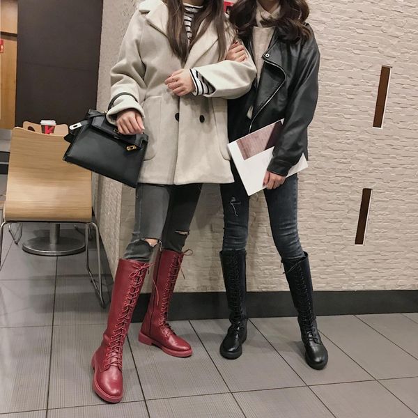 

women long boots winter warm riding equestr shoes woman inside artificial leather lace up shoes platform, Black