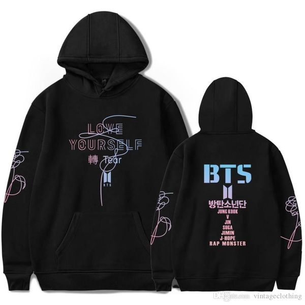 

bts loveyouself hoodies long sleeve loose hooded fleece solid black men black red letter printed designer sweatshirts