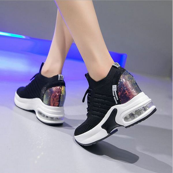 

femme bling sequin woman sneakers chunky platform casual height increase zapatillas mujer wedges shoes a11-11z, Black