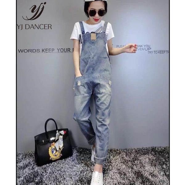 

denim bib female 2019 spring and summer fashion new loose thin large size hole denim bib pants nine pants h00490, Black;white