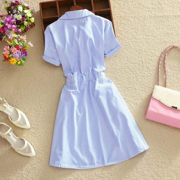 

Elegant Office Summer Shirt Elegant Blue Stripped Cotton Turn Down Collar Wear to Work Shirts Women Dresses