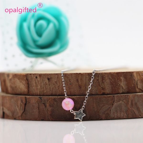 

1pc 2019 sale synthetic 4mm opal beads with 5mm 925 silver star necklace o chain lovely jewelry sale on