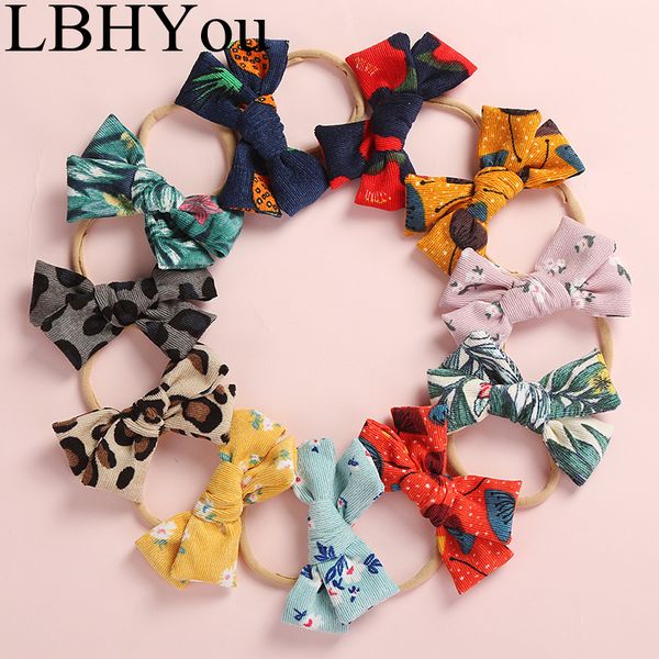 

new flowers prints corduroy bows nylon headbands, fit most knot bows elastic nylon hairbands,baby girls hair accessories, Slivery;white