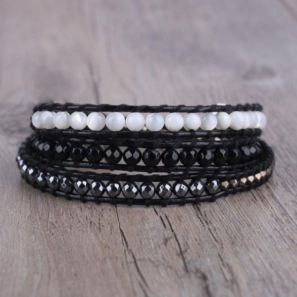 

kelitch bracelets natural stone beads leather wrap barcelets wristband bijoux for women men teen adjustable bangle, Golden;silver