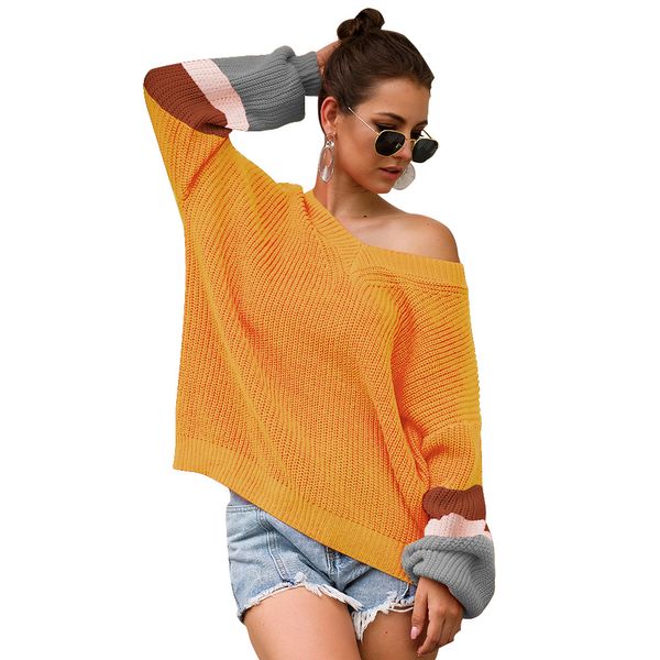 

fashion striped long sleeve knitted sweater women v neck yellow sweters women invierno 2019 autumn pullover pull femme, White;black