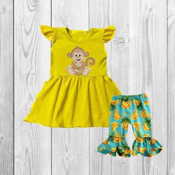 

дети девушка бутик летняя одежда набор животных обезьяна трафаретная печать желтый туника матч капри, White