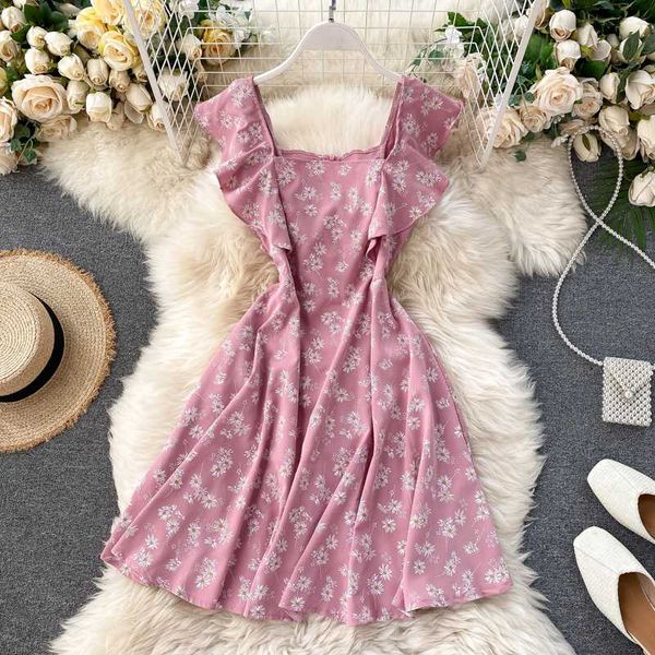 

women ins daisy printed chiffon elegant square collar ruffle a- line dress lady sleeveless vestidos m417, Black;gray