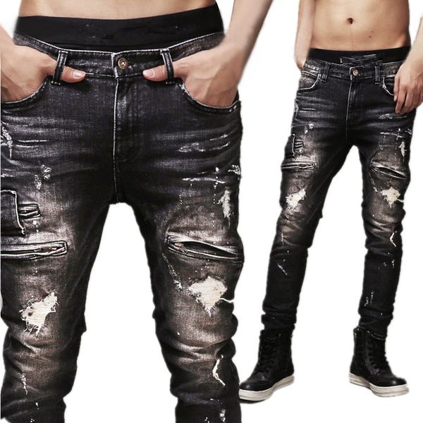 

mens jeans mens ripped biker jeans cotton black slim fit motorcycle jeans men vintage distressed denim pant, Blue