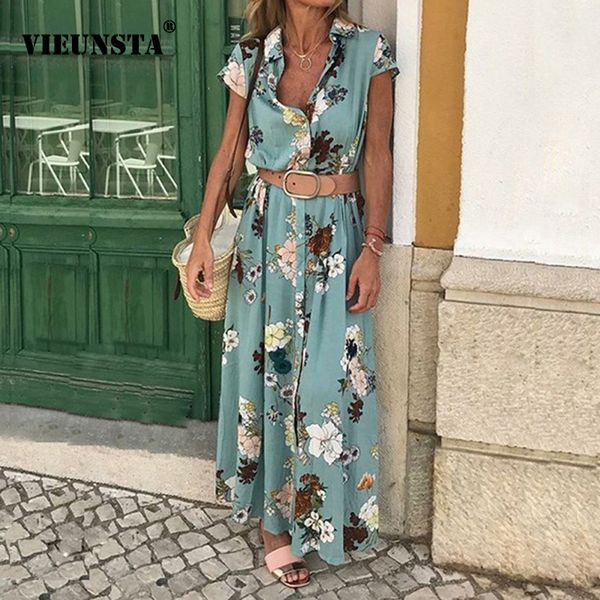 

vieunsta women vintage lapel v-neck button boho dress summer floral print short sleeve sundress elegant belted maxi long dresses, Black;gray