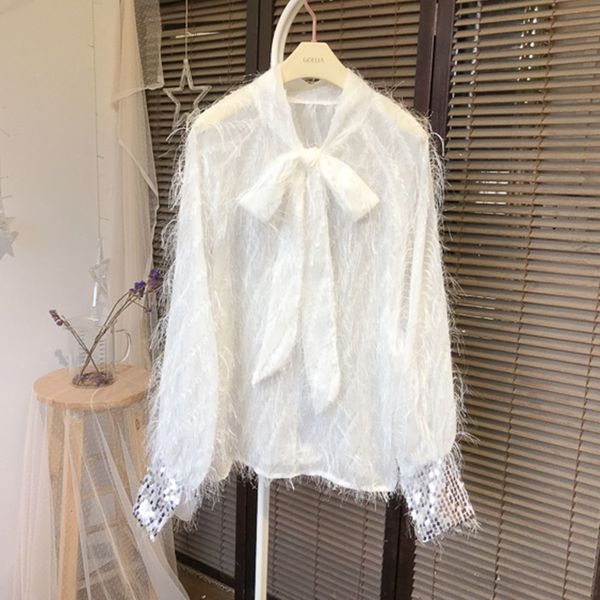 

3 colors 2019 spring summer new blouse korea fashion long sleeve solid color tessel sequins skirts womens (q3051, White