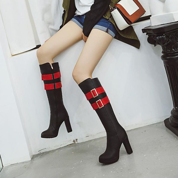 

ins women knee-high boots plus size 22-26.5 cm fashion pu leather long winter boots europe and america super high heel shoes, Black