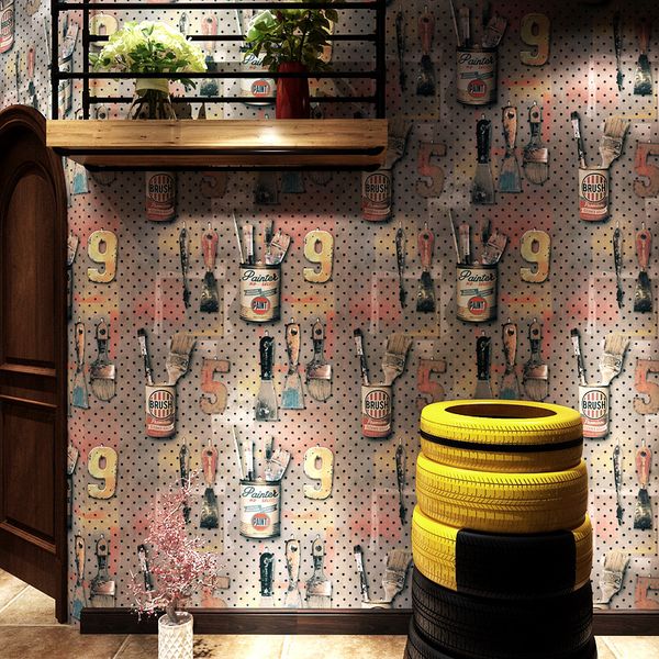 

3d vintage personality industrial style wallpaper letters wrought iron metallic fashion tide wall cover decor home shop wall