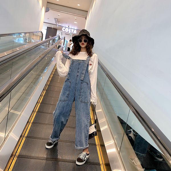 

denim suspenders female loose-fitting 2020 suspenders high-waisted slouchy pants slimming students, Blue
