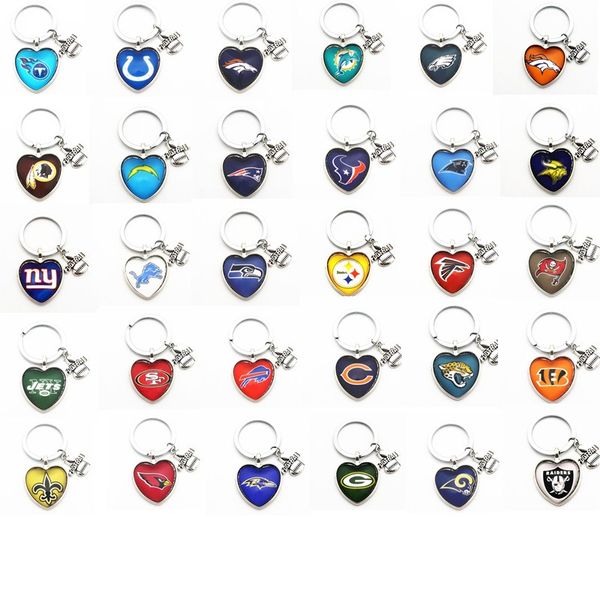 

1pcs/lot i love football keychains american football team heart glass pendant for wome men sports key chains key ring jewelry, Silver