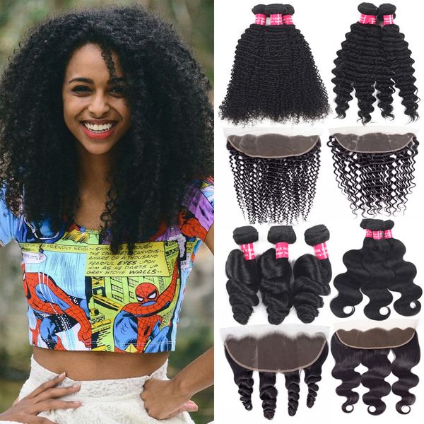 

mongolian virgin hair bundles with lace frontal closure kinky curly human hair bundles with 13x4 ear to ear lace frontal with hair weaves, Black