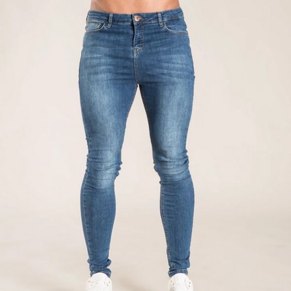 

men casual jeans fashion washed denim pants hip hop streetwear pant slim fit stretch biker jean male pencil denim trouser, Blue