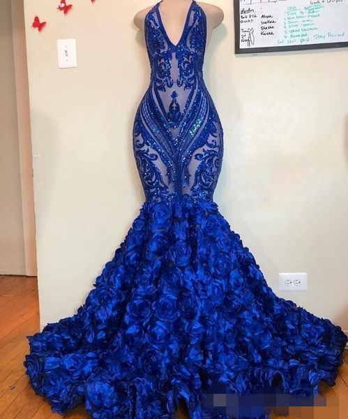 Abiti da ballo reali blu sexy Abiti da sera in pizzo con paillettes Scollo a V Illusion Corpetto Fiori fatti a mano Abiti da sera personalizzati Abiti da cerimonia formale