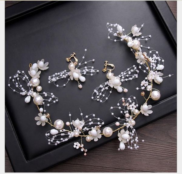 

big pearl hand-made soft hair band earrings bride headdress set aesthetic ps, Slivery;golden
