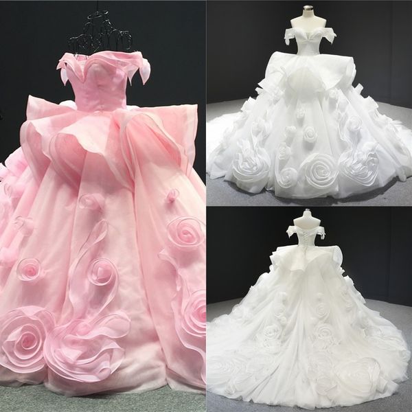 

2020 organza hand made flowers wedding dresses vintage ball gowns vestidos de novia off shoulder ruched tiered skirt bridal dress party, White