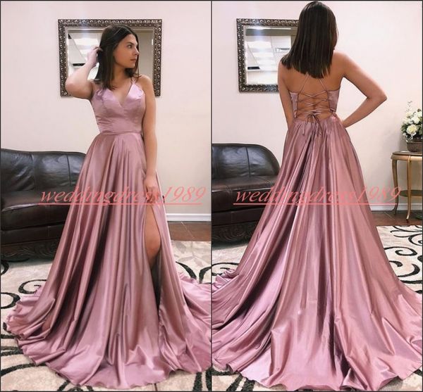 Moderne Spaghetti High Split Prom Kleider Satin Kreuzgurte Günstige Vestido de Fiesta Formale Junioren Abendgarderobe Günstige Lange Party Kleider