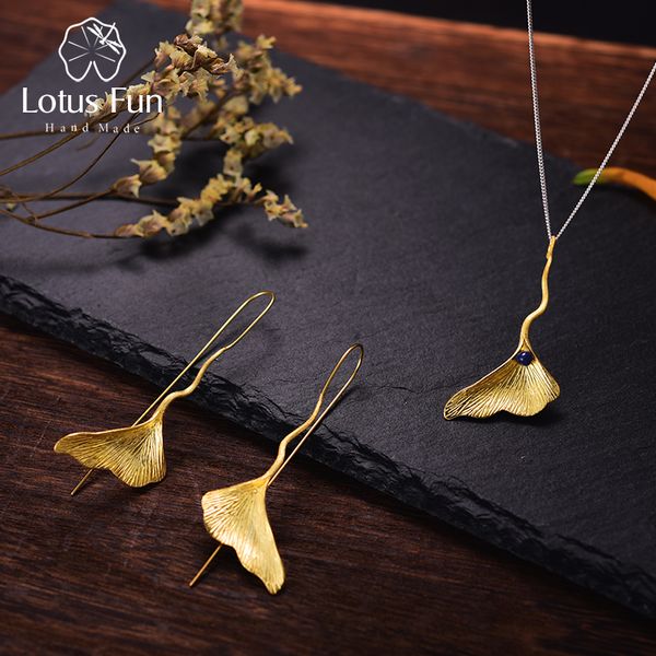 

lotus fun real 925 sterling silver natural lapis fine jewelry 18k gold ginkgo leaf jewelry set with earring pendant necklace, Black