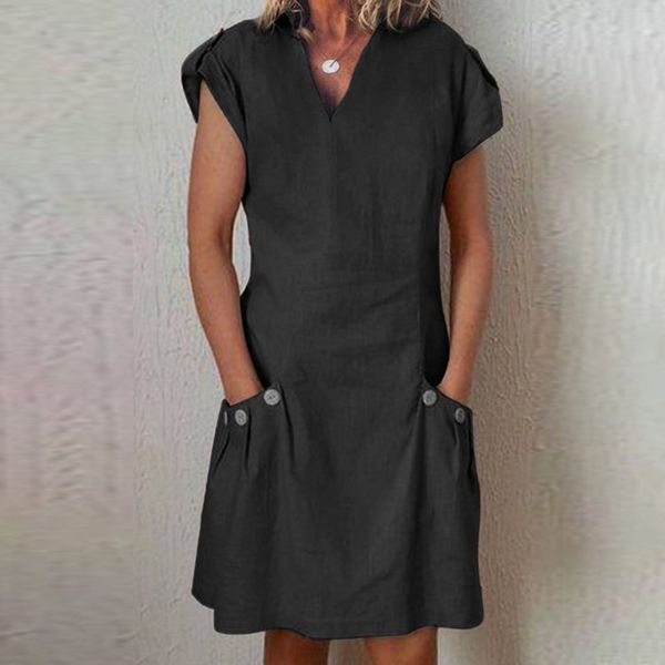 

women casual solid ruffled pockets v-neck shift daily buttoned-decor dresses 2018 summer style beach short sleeve dress women, Black;gray