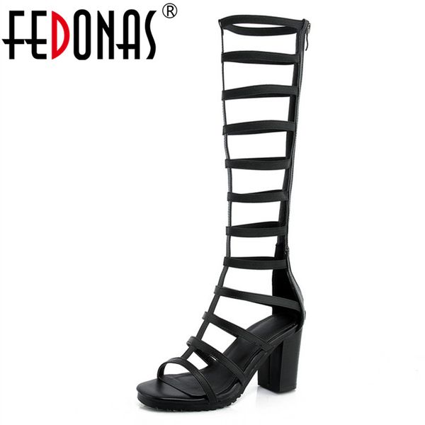 

fedonas new women sandals 2019 concise genuine leather high heels summer wedding party pumps square heeled back zipper boots, Black