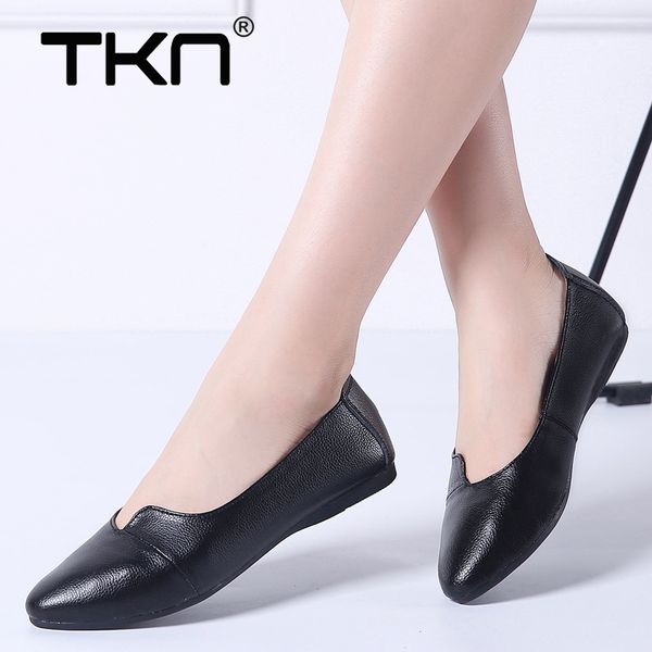 

tkn 2019 весна женщины квартиры обувь из натуральной кожи скольжения на мокасины обувь дамы балетки chaussures femme мокасины женщины 1189, Black