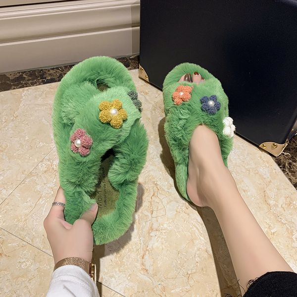 

shoes women flock low woman's slippers platform slides fashion fur flip flops winter footwear soft 2019 luxury plush flat with, Black