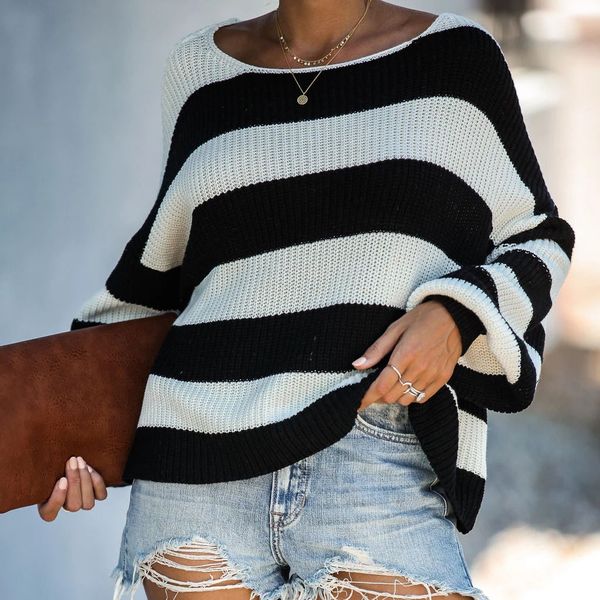 

fashion stripe knitting women sweater long sleeve casual loose sueter feminino sweaters sweaters swetry damskie tricot, White;black