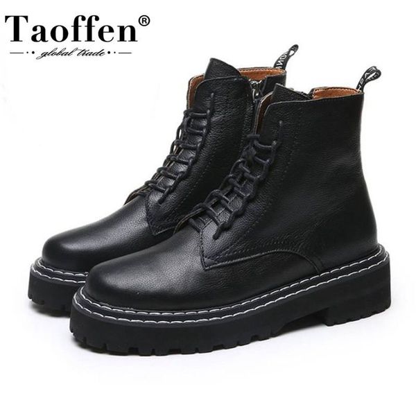 

taoffen ankel boots for women office outdoor women shoes round toe lace flats black leather platform neutral footwear size 35-40 t200425