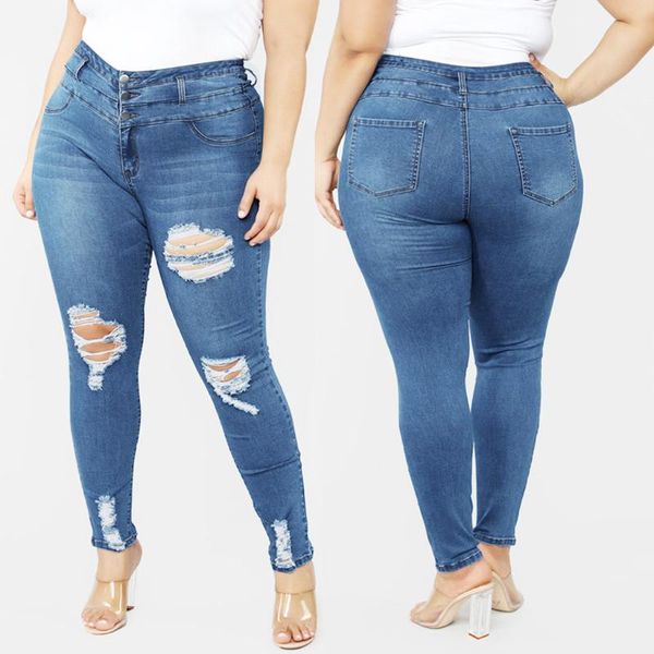 

fashion womens jeans woman plus size pocket hole denim button zipper high waist pants spodnie damskie z wysokim stanem#y3, Blue