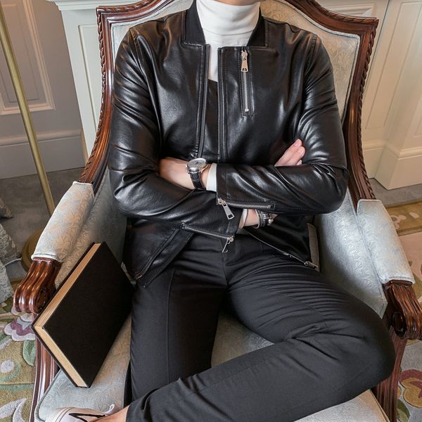 

baseball lead clothing zipper loose coat stand collar leather jacket men casual chaqueta de cuero moto, Black