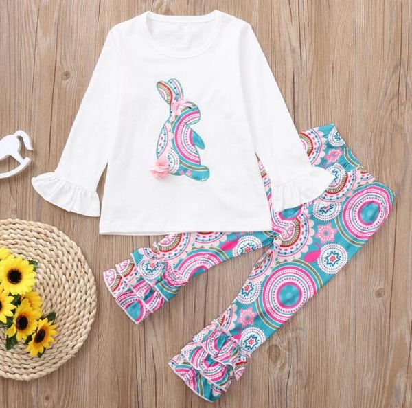 

wholesale kids easter outfits kids designer clothes girls appliqued bunny floral birds bear printed ruffle long sleeve pants by0842, White