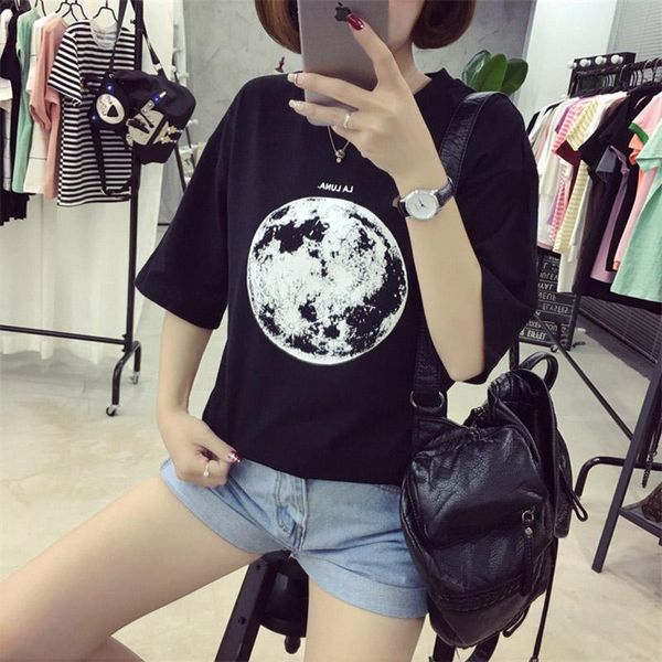 

women chic summer new personality planet moon printed loose t shirts women slim leisure short sleeve white t-shirt female trend